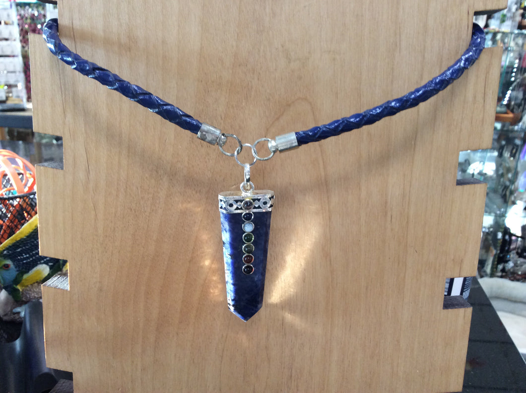 Sodalite Point with Chakra Stones on Blue Leather Choker